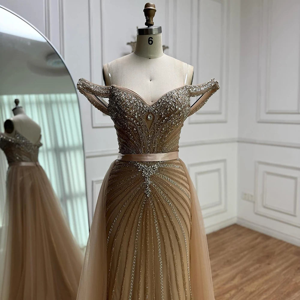 Luxury Beaded Mermaid Off Shoulders Evening Dress Custom Nude Gown For Women