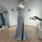 Gray Mermaid One Shoulder Beaded Feather Evening Gown Custom For Women