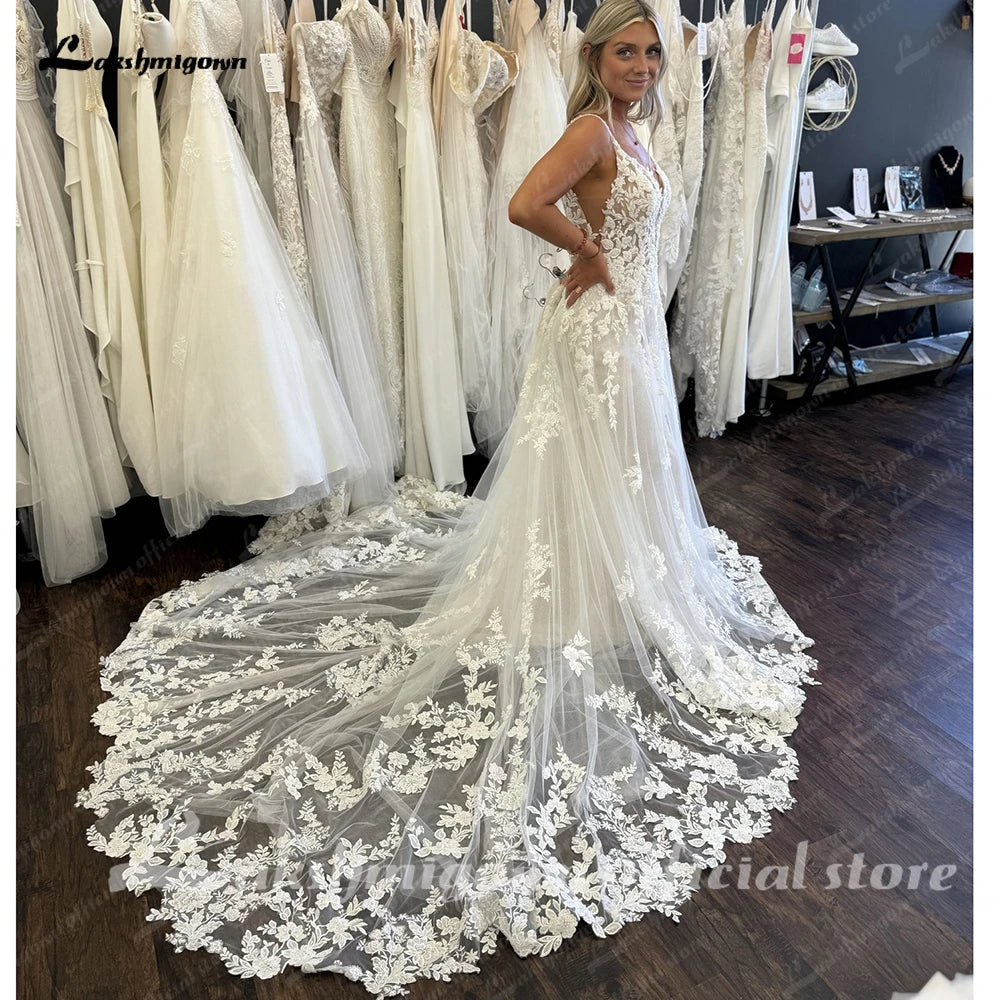 Custom Boho Lace A Line Bridal Wedding Dress Spaghetti Straps
