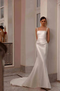 Customized Elegant Satin Square Collar Mermaid Wedding Dress With Beaded Lace