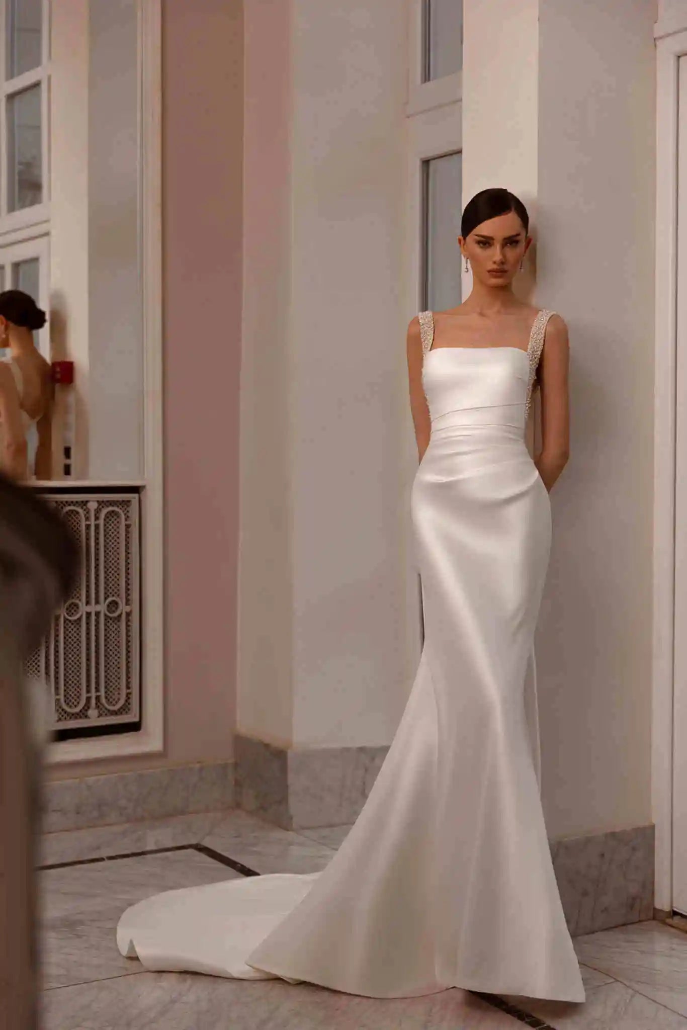 Customized Elegant Satin Square Collar Mermaid Wedding Dress With Beaded Lace