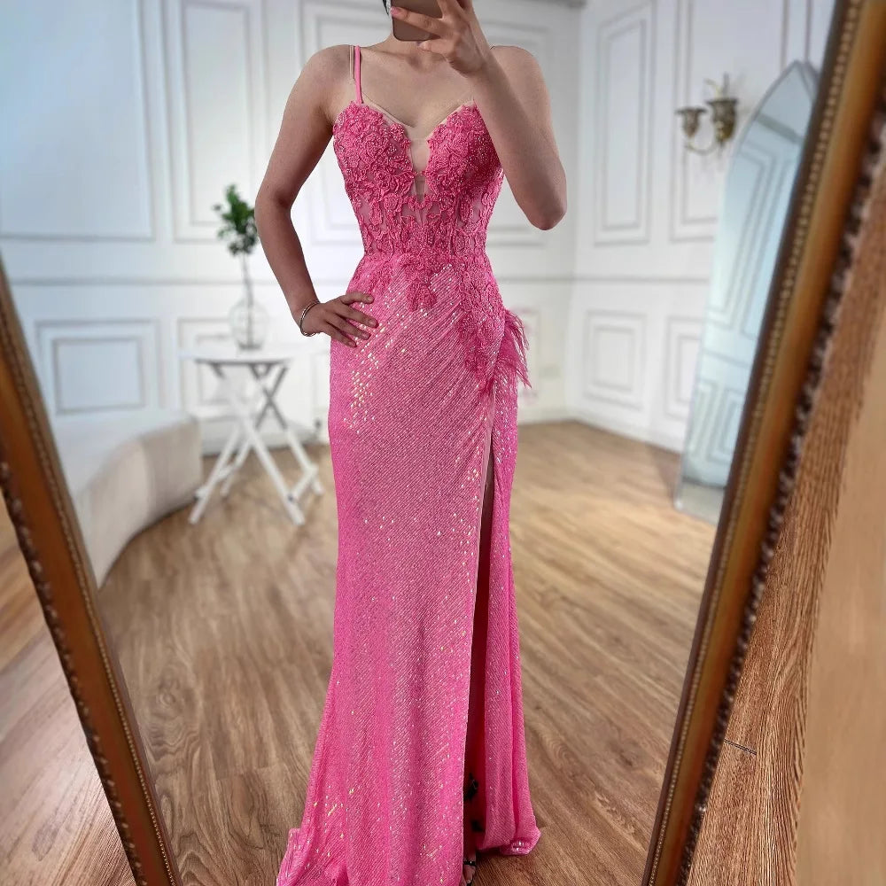 Luxury Pink Feather Beaded Mermaid Prom Dress with Slit LA72987
