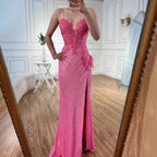 Luxury Pink Feather Beaded Mermaid Prom Dress with Slit LA72987