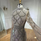 Customized Gray Mermaid Evening Dress With Cape Sleeve Beaded Gown