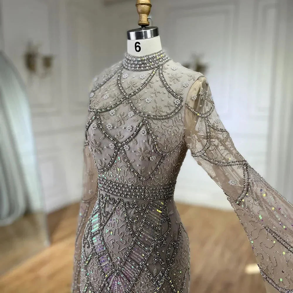 Customized Gray Mermaid Evening Dress With Cape Sleeve Beaded Gown