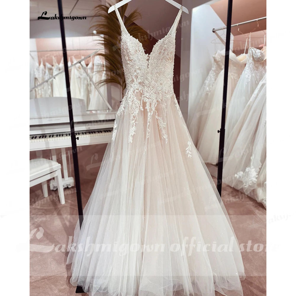 Boho A Line Tulle Sexy Beach Wedding Dress Illusion Appliques Open Back Gown