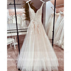 Boho A Line Tulle Sexy Beach Wedding Dress Illusion Appliques Open Back Gown