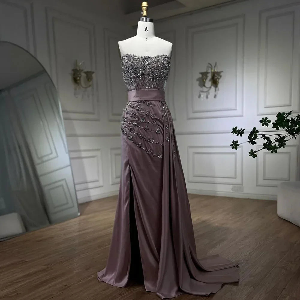 Customized Nude Strapless Mermaid Evening Dress With Beaded High Split Gown