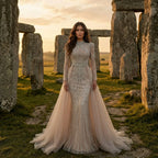 Serene Hill Custom Nude Muslim Mermaid Evening Gown Long Sleeves