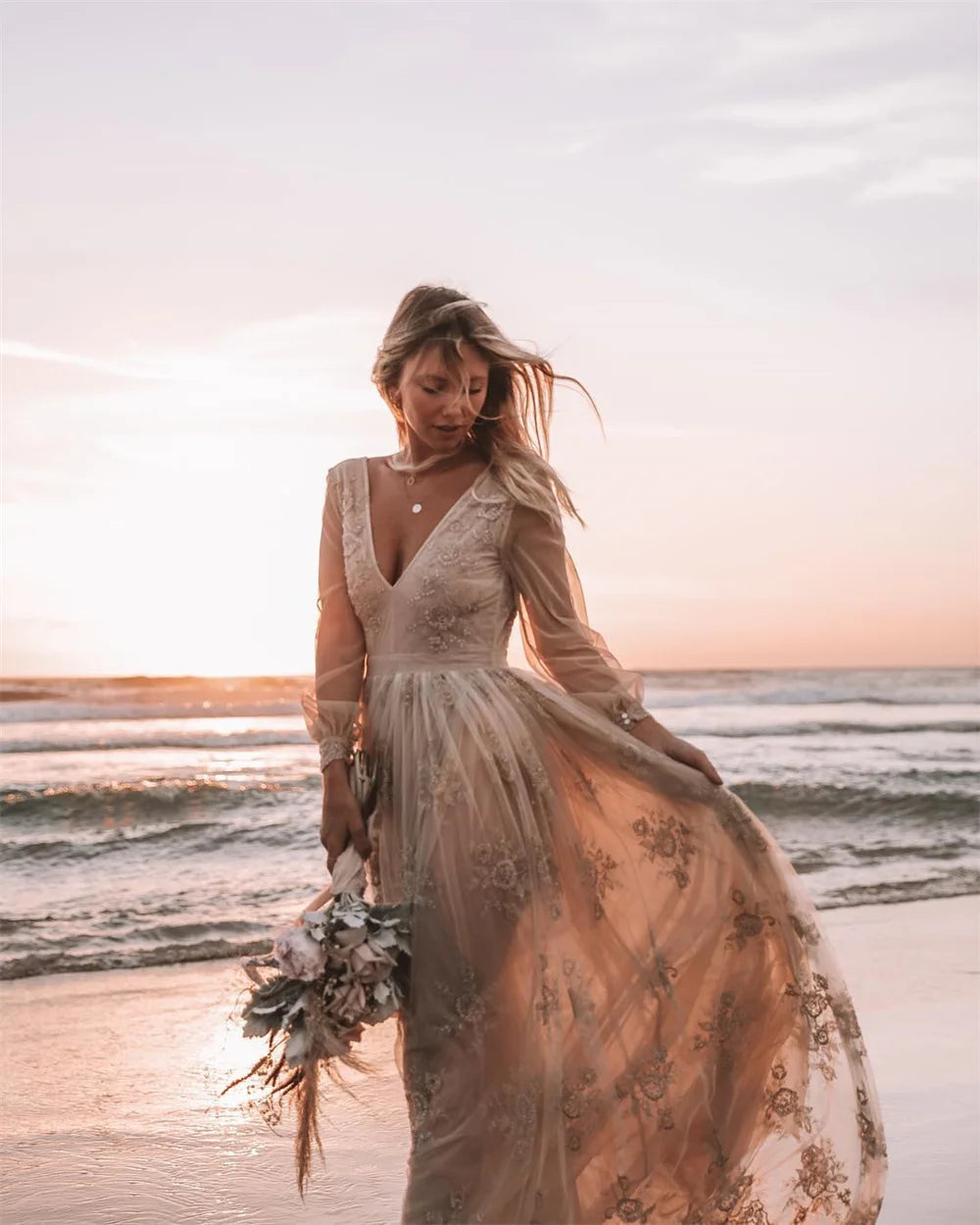 Custom Boho Embroidered Lace Wedding Dress Long Sleeve Deep V Neck Gown