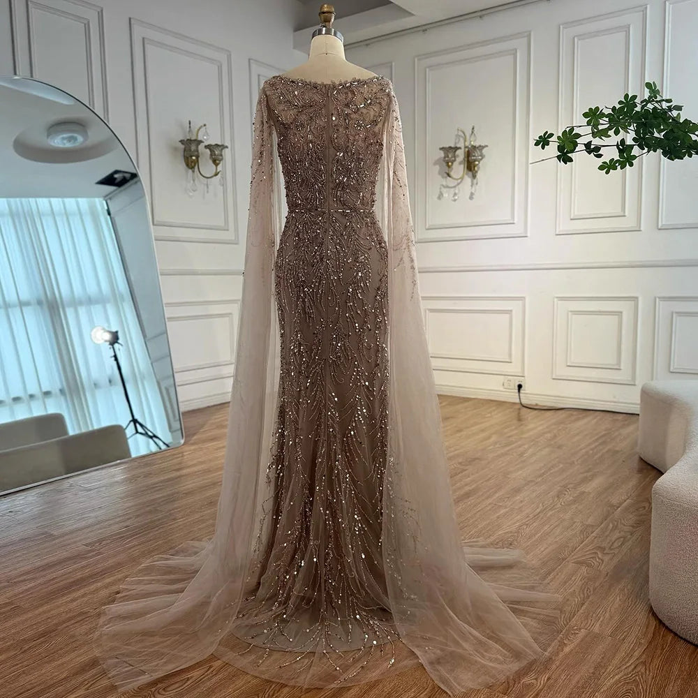 Customized Caramel O Neck Mermaid Evening Dress With Cape Sleeve