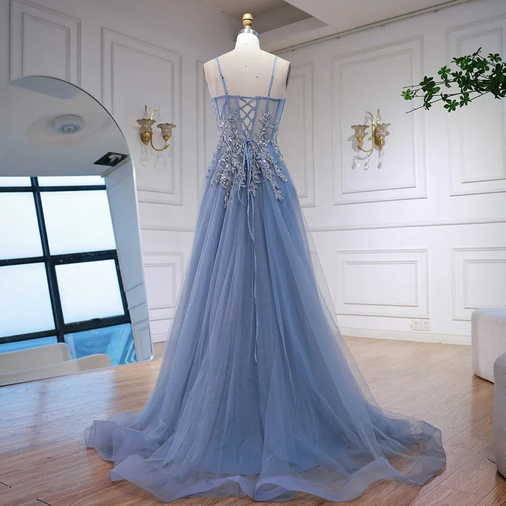Luxury Gray Tulle A Line Prom Dress with Floral Appliques LA73015