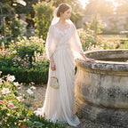 Boho V Neck Wedding Dress Batwing Sleeve Draped Ruched A Line Bridal Gown