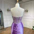 Customized Lilac Satin Strapless Mermaid Evening Dress Beaded Bridesmaid Gown