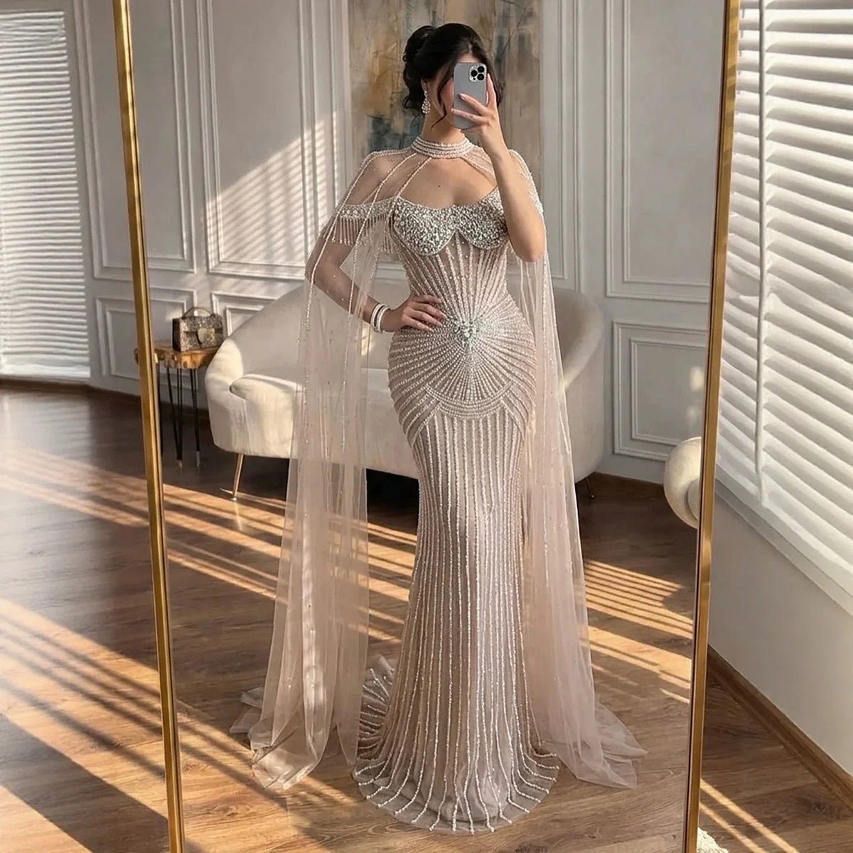 Serene Hill Pearl Beaded Caramel Mermaid Evening Dress With Sheer Cape Custom