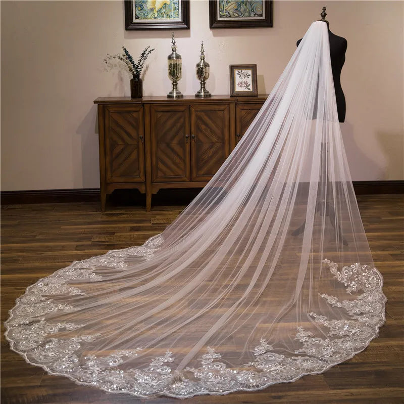 Elegant Cathedral Bridal Veil With Lace Appliques In White Ivory And Black
