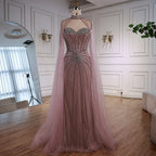 Luxury Nude Beaded Evening Gown With Cape Sleeves For Formal Custom Dress