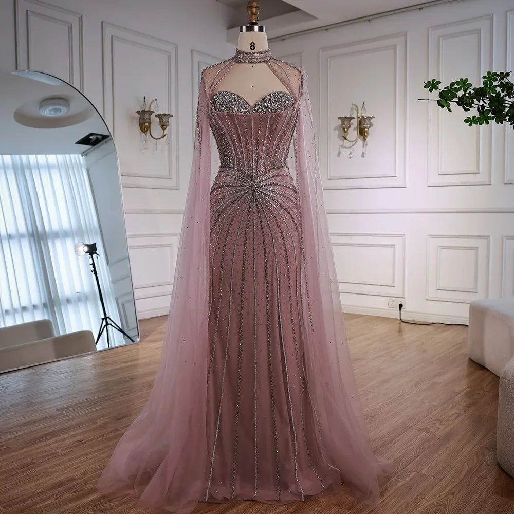 Luxury Nude Beaded Evening Gown With Cape Sleeves For Formal Custom Dress