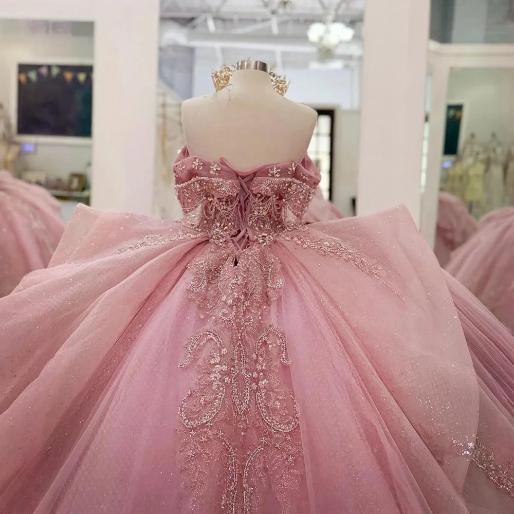 Pink Quinceanera Ball Gown Off Shoulder Beaded Appliques Sweet 16 Mexican Dress