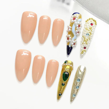 10 uñas postizas hechas a mano, estilo chino vintage, almendradas y largas, de lujo, con punta larga, artificiales. 