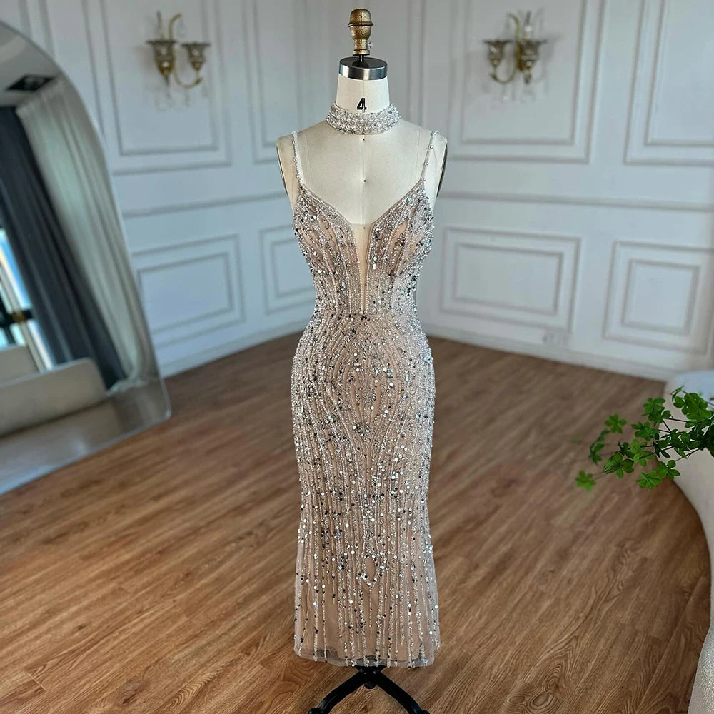 Serene Hill Nude Mermaid Beaded Evening Gown Customized Ankle Length Dress