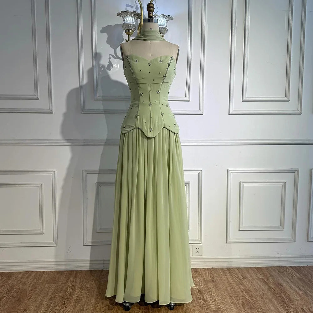 Classy Sage Green   A-Line Chiffon Evening Dress LA73073