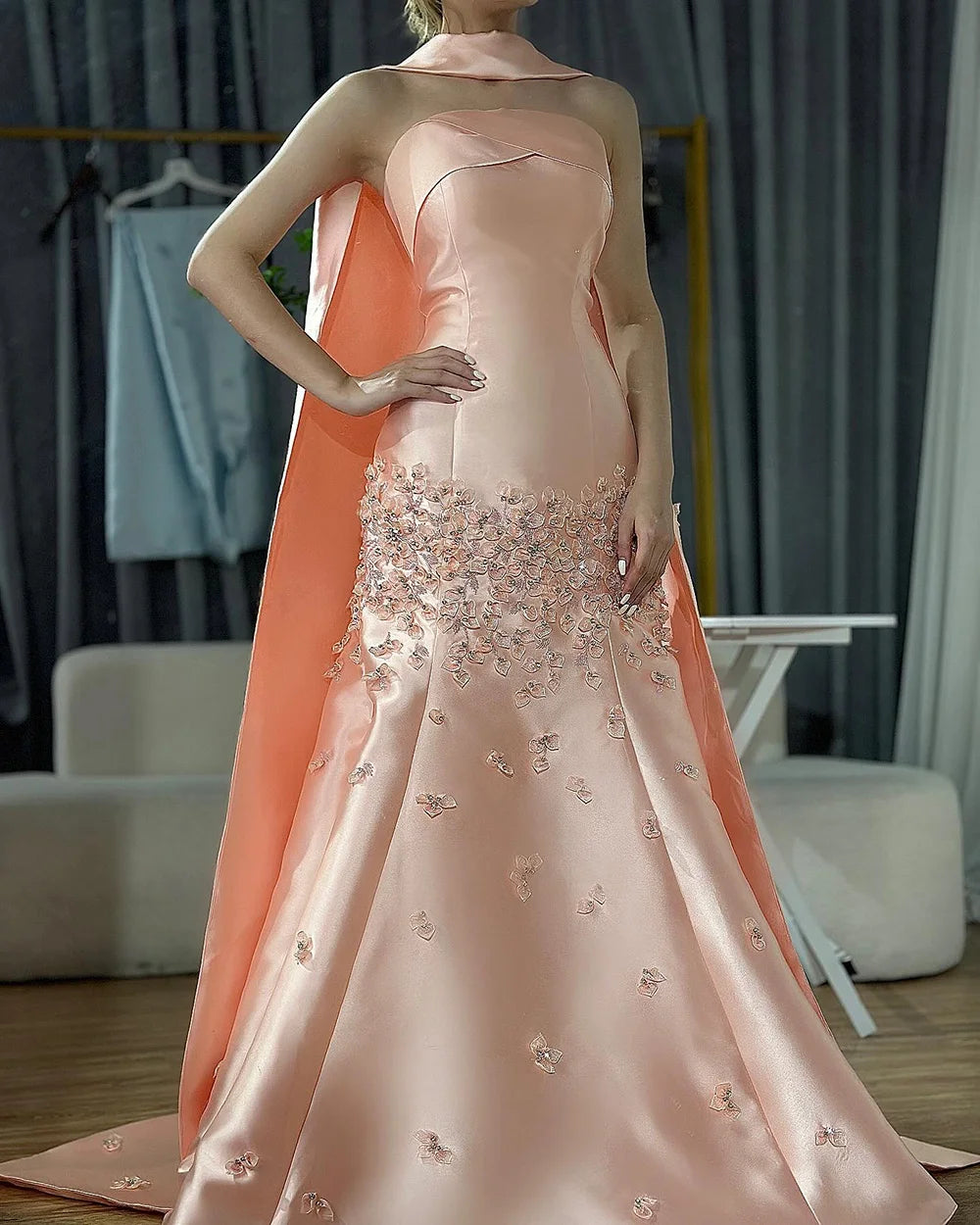 Customized Baby Blue Satin Mermaid Evening Dress Applique Gown For Women