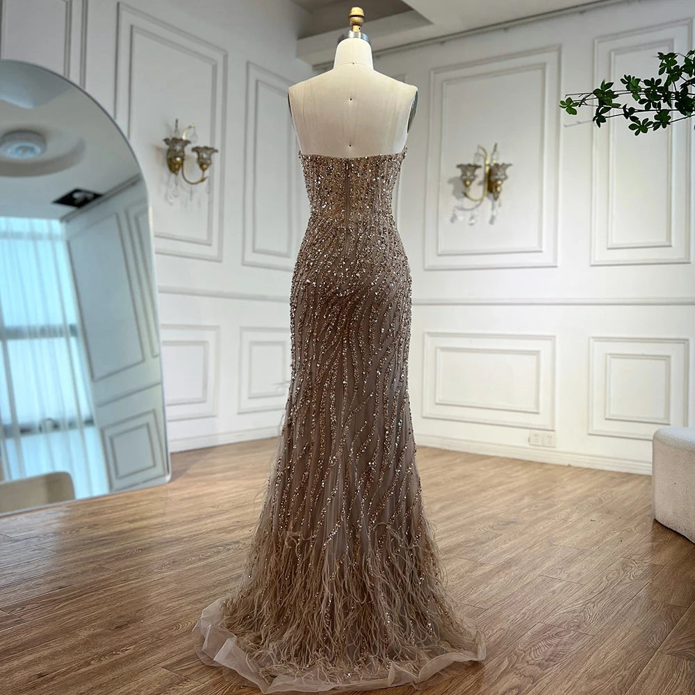 Serene Hill Custom Blue Strapless Evening Gown For Women With Beaded Feathers
