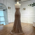 Serene Hill Custom Blue Strapless Evening Gown For Women With Beaded Feathers