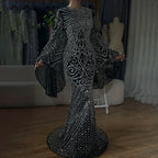 Custom Caramel Beaded Mermaid Evening Gown Flared Sleeves Party Dress