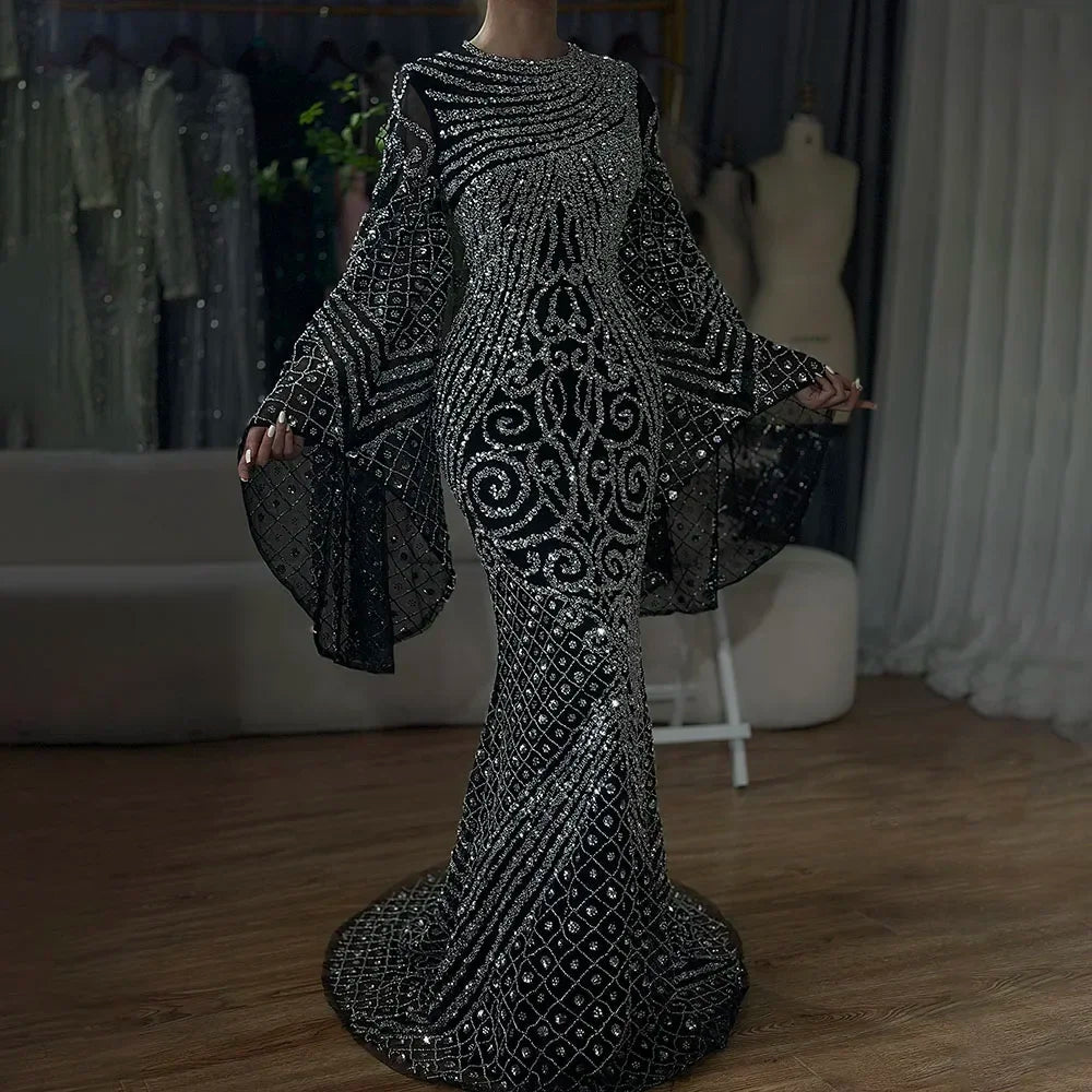 Custom Caramel Beaded Mermaid Evening Gown Flared Sleeves Party Dress