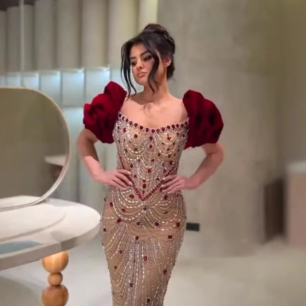 Luxury Pearl Beaded Evening Dress Elegant Puff Sleeves Custom Gown