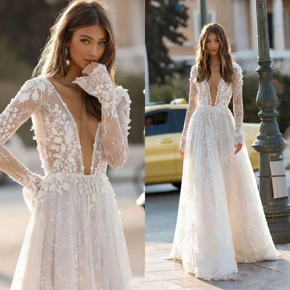 Custom Boho Wedding Dress With Deep V Neck And 3D Floral Lace Appliques