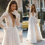 Custom Boho Wedding Dress With Deep V Neck And 3D Floral Lace Appliques