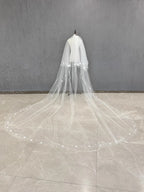 Long Custom Wedding Bridal Veil Featuring 3D Flowers And Pearl Details