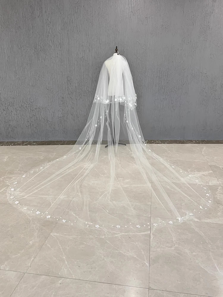 Long Custom Wedding Bridal Veil Featuring 3D Flowers And Pearl Details
