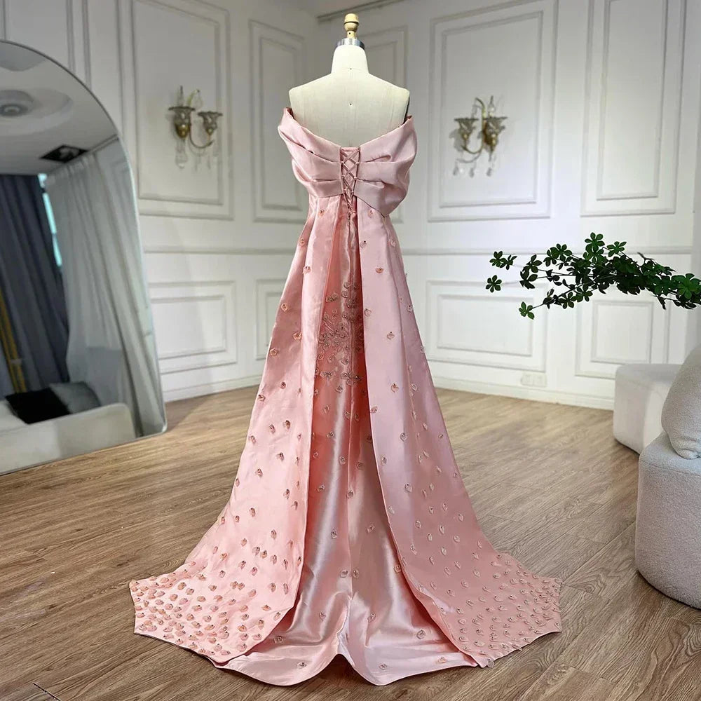Serene Hill Elegant Red Floral Satin Off Shoulder Evening Gown