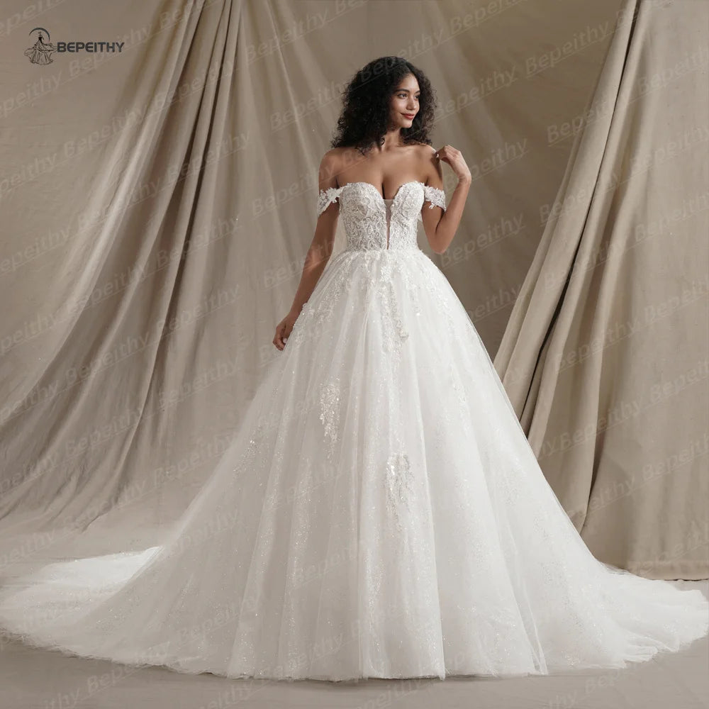 Custom Made Plus Size Ivory Off Shoulder Glitter Wedding Dress