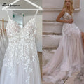 Summer V Neck Lace Appliques Wedding Dress With Side Split Spaghetti Straps
