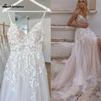 Summer V Neck Lace Appliques Wedding Dress With Side Split Spaghetti Straps