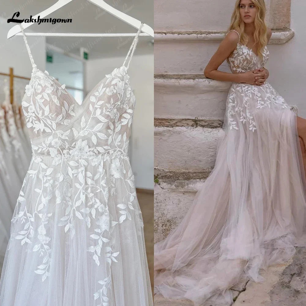 Summer V Neck Lace Appliques Wedding Dress With Side Split Spaghetti Straps