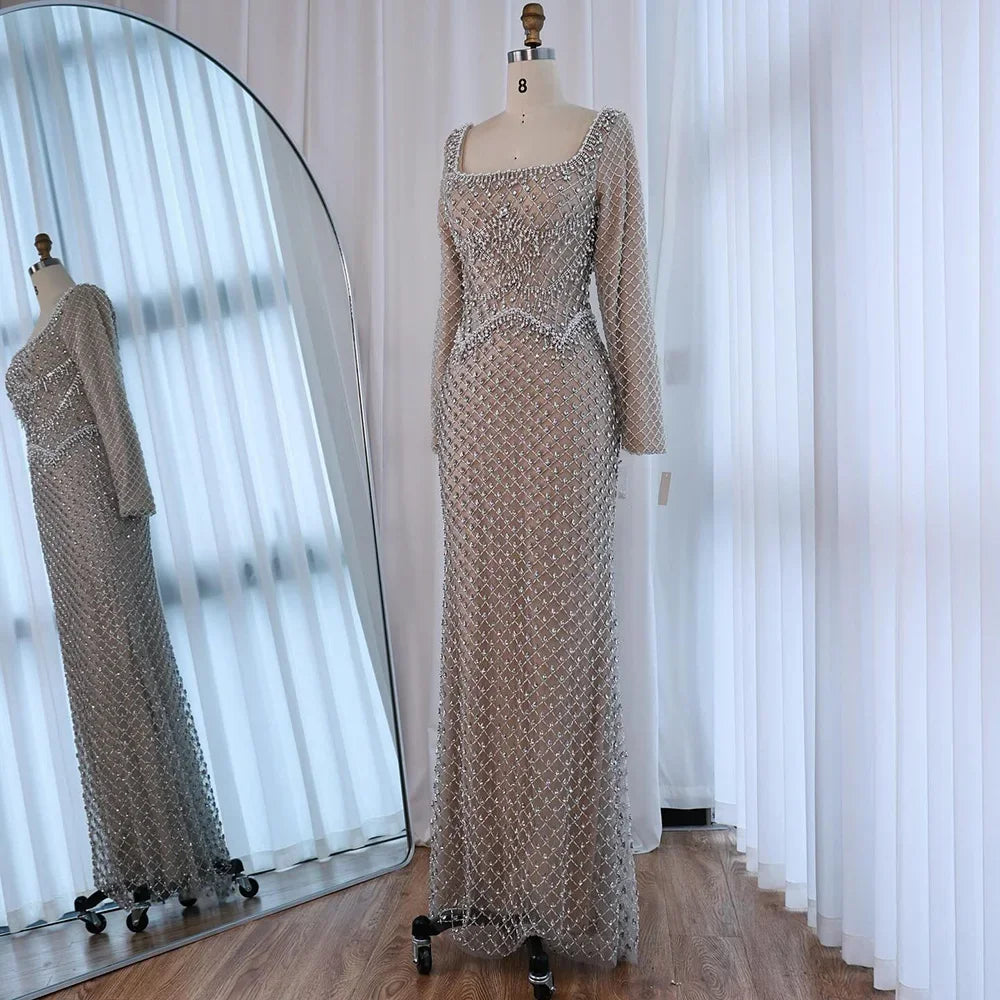 Elegant Beaded Pearl Mermaid Wedding Evening Dress With Long Sleeves