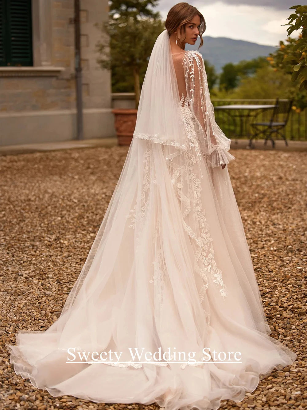 Custom Princess Wedding Dress With Illusion Back And Puff Sleeves