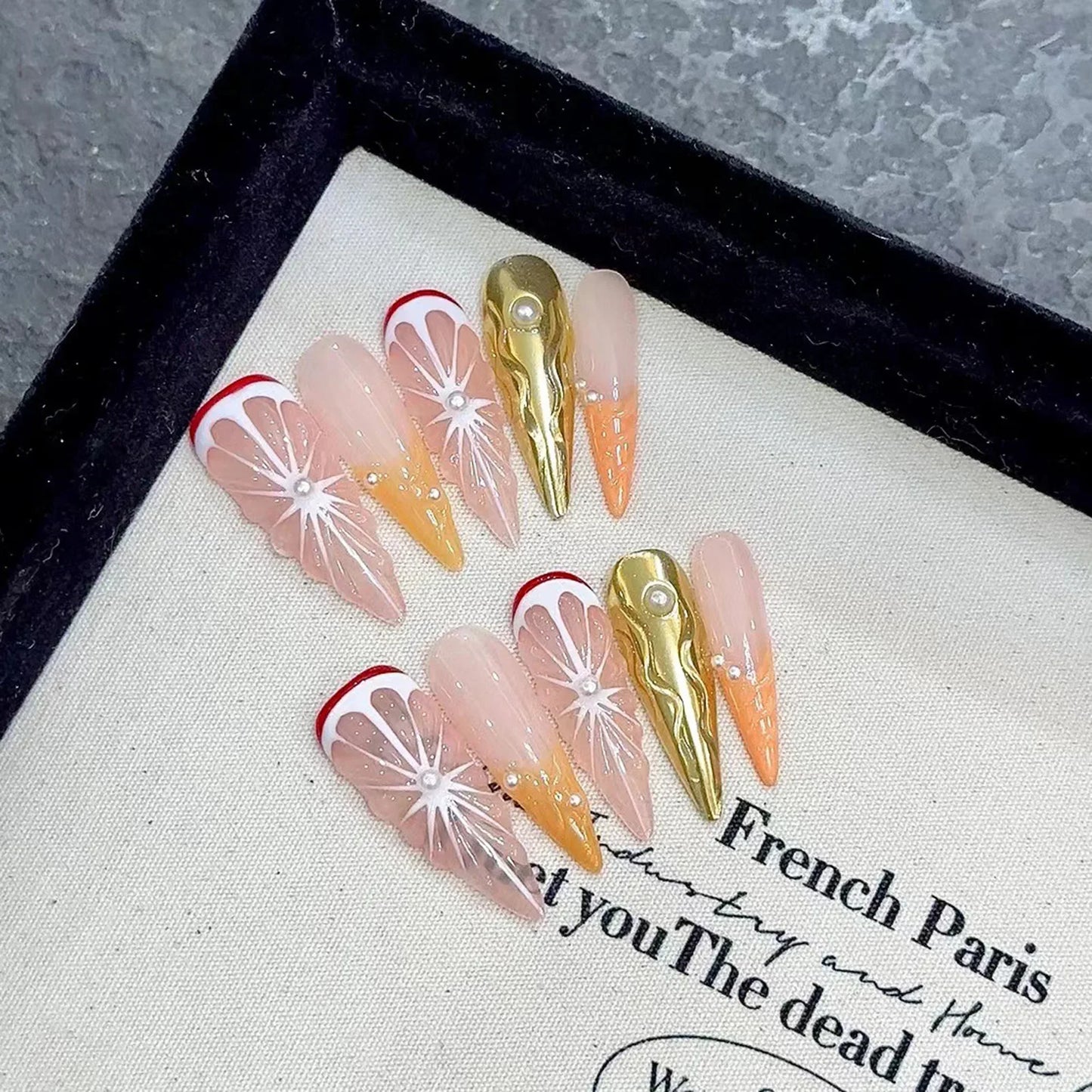 10 uñas postizas hechas a mano con diseños 3D de naranja dulce, reutilizables, largas, estilo stiletto, para salón de belleza. 