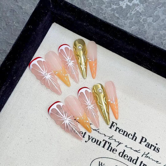 10 uñas postizas hechas a mano con diseños 3D de naranja dulce, reutilizables, largas, estilo stiletto, para salón de belleza. 