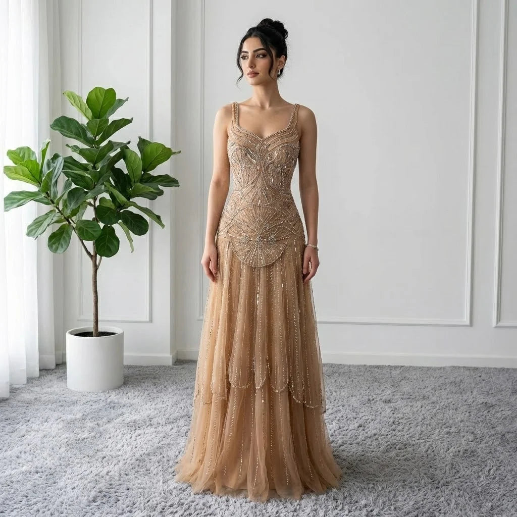 Serene Hill Custom Nude A Line Beaded Luxury Evening Party Gown 2026