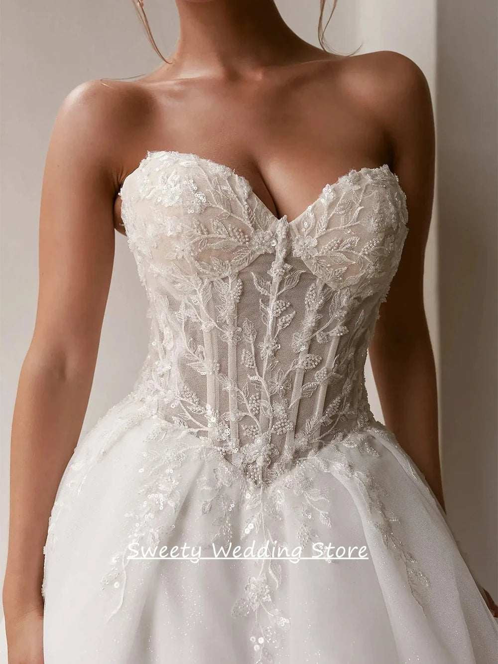 Custom Sleeveless Sweetheart A Line Wedding Dress With Lace Applique Train