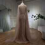 Custom Gray Mermaid Gown Cape Sleeves Beaded Pearls Elegant Evening Dress