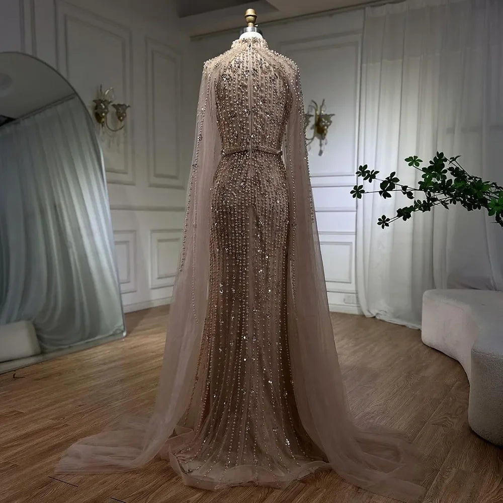 Custom Gray Mermaid Gown Cape Sleeves Beaded Pearls Elegant Evening Dress
