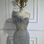 Gray Mermaid One Shoulder Beaded Feather Evening Gown Custom For Women